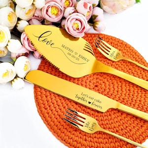 Gold Wedding Cake Knife and Server Set with Forks - Engraved Personalized - Bridal Shower or Wedding Gift for Couples