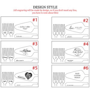 May include: Six different designs for a cake cutting set. The set includes a cake knife and two forks. The designs feature different text and graphics, including names, dates, and hearts. The text on the cake knife reads "Carolina & Mike", "Mated Emily", "the Kithew", "Williams Emily & Richard", "Phan & Meghan", and "Your Custom Design".