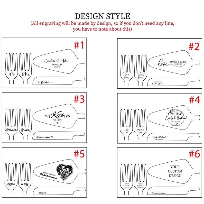 May include: Six different designs for a cake cutting set. The set includes a cake knife and two forks. The designs feature different text and graphics, including names, dates, and hearts. The text on the cake knife reads "Carolina & Mike", "Mated Emily", "the Kithew", "Williams Emily & Richard", "Phan & Meghan", and "Your Custom Design".