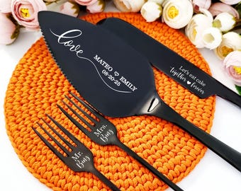 Black White Wedding Cake Knife Set with Forks, Personalized Knife & Server, Love Theme Design