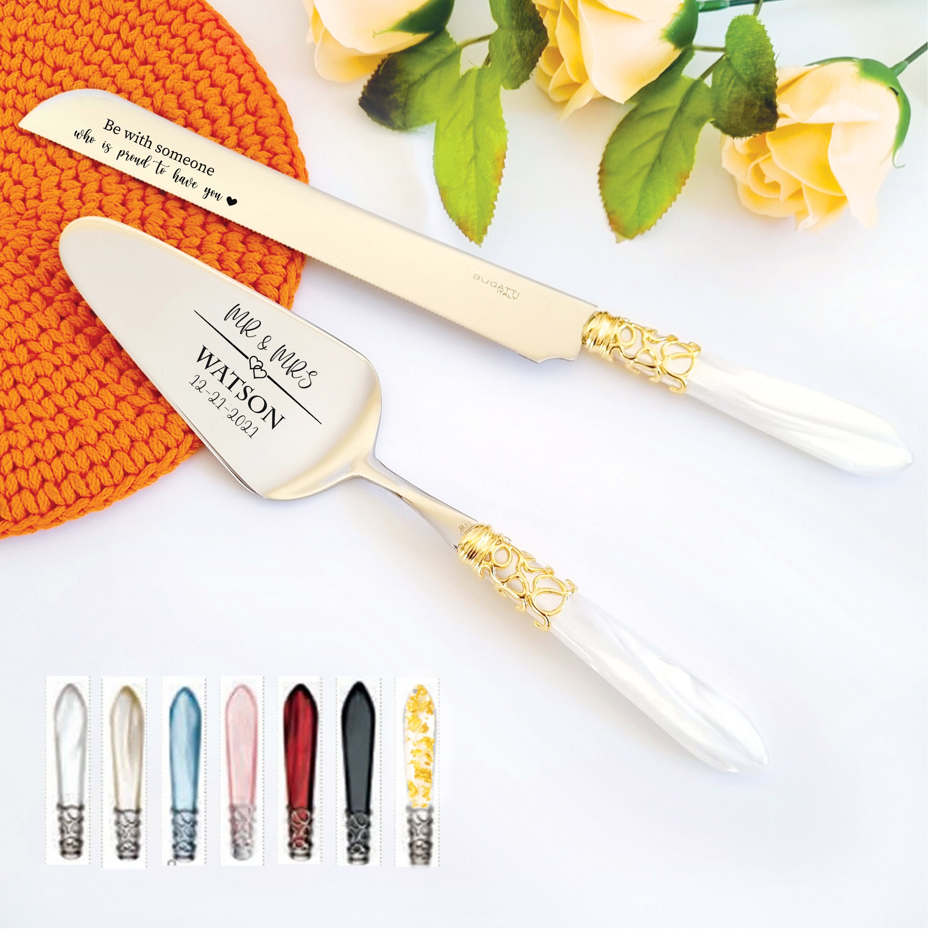 Personalized Wedding Cake Knife, Server and Fork Set - White