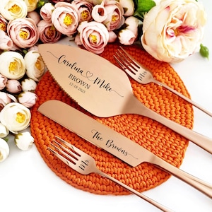Rose Gold Wedding Cake Cutting Set with Forks - Personalized Engraved Knife and Server - Elegant Gift for Bridal Shower or Wedding Couple