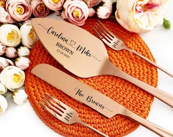 Personalized Cake Serving Set with Forks for Wedding Keepsake, Rose Gold Engraved Knife & Server