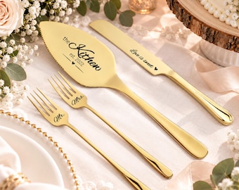 Champagner Hochzeitstorte Schneide-Set mit Gabeln, personalisierte Messer und Tortenheber, Brautparty Andenken