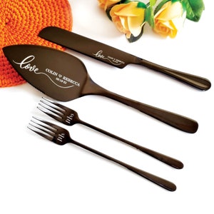 Custom Black Cake Serving Set, Engraved Modern Gothic Wedding Knife And Forks With Box