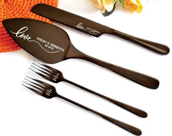 Service à gâteau noir personnalisé, couteau et fourchettes de mariage gothiques modernes gravés avec boîte