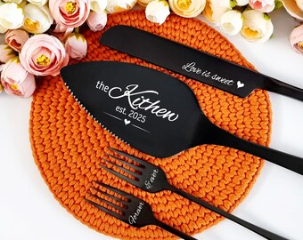 Personalized Black Wedding Cake Cutting Set, Engraved Knife Server & Forks, Family Last Name Design