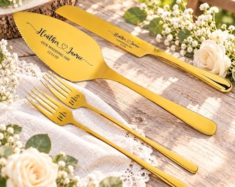 Hochzeitstorte Cutter Schneide-Set Gold Schwarz mit Gabeln, graviertes Messer & Tortenheber Braut Andenken