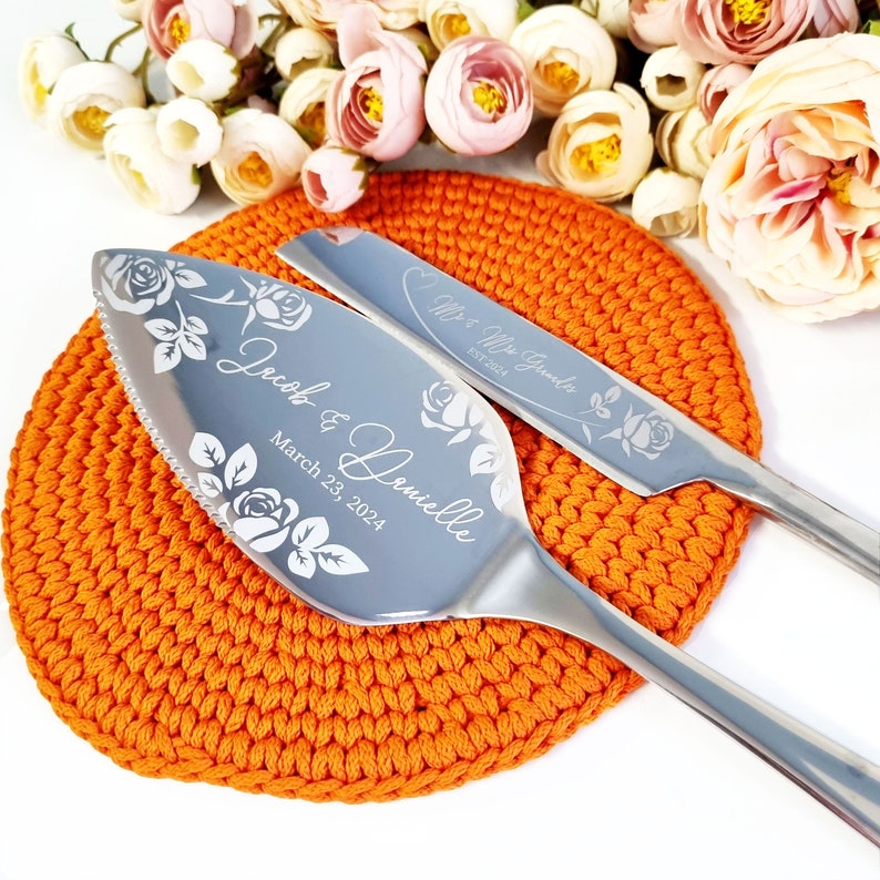 Floral Wedding Cake Cutting Gift Set Server and Knife, Cake Cutter Serving Set for Wedding, Bridal Shower Gift image 1