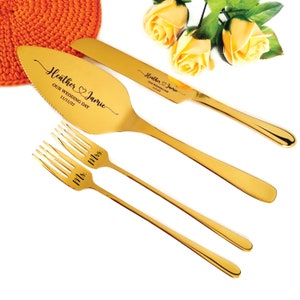 Gold Wedding Cake Cutting Set with Forks - Engraved Knife and Server - Elegant Bridal Shower or Keepsake Gift