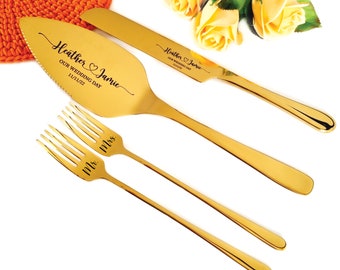 Cake Server Set for Wedding Gold with Forks - Cake Serving Cutting Cutter Knife Set, Engraved Cake Set for Bridal Shower Wedding Gift