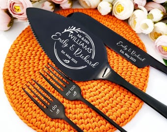 Personalized Black Wedding Cake Serving Set with Forks, Custom Engraved Stainless Steel Knife Server