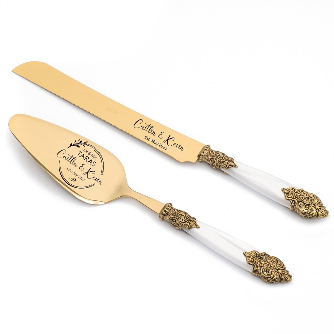 Gold Wedding Cake Cutting Set White Pearl Handle Antique Style Cake
