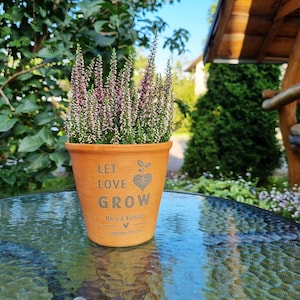May include: A terracotta-colored flower pot with the words "LET LOVE GROW" and a heart-shaped design. The pot contains a flowering plant with purple and green foliage. The pot is personalized with a name and date.