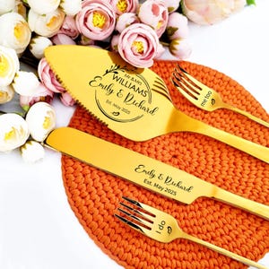 Custom Gold Wedding Cake Knife and Server - Personalized Engraved Set with Forks - Elegant Bridal Shower or Keepsake Gift