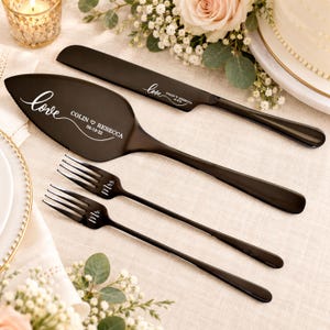 Custom Black Cake Serving Set, Engraved Modern Gothic Wedding Knife And Forks With Box