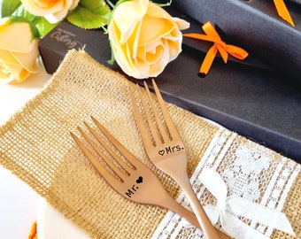 Personalized Wedding Forks Mr Mrs, Engraved Rose Gold Cake or Dinner Forks