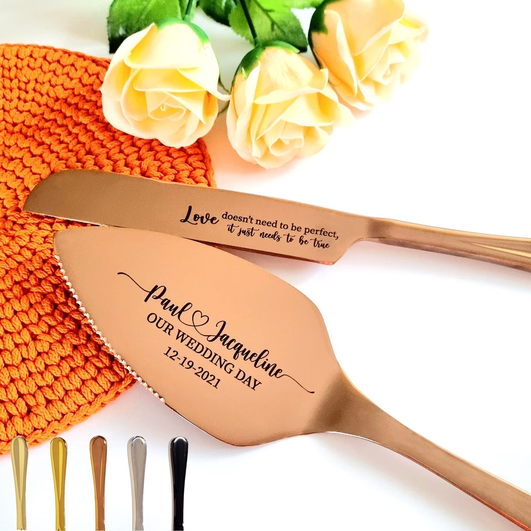 Cake Server and Knife Rose Gold Wedding Set Engraved Cake Cutting Set