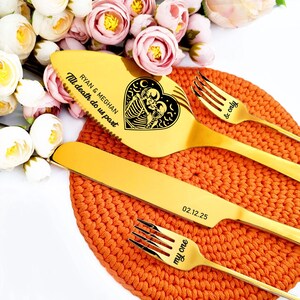 The Lovers Gold Wedding Cake Knife and Server - Personalized Engraved Set with Forks - Elegant Bridal Shower or Wedding Gift