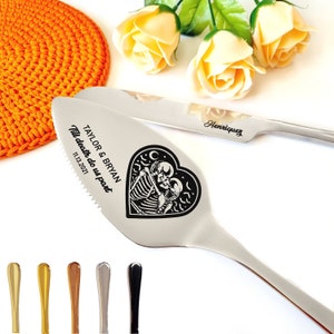 Goth Wedding Gift - Personalized Silver Cake Knife and Server Set with Engraved Skulls - Til Death Do Us Part - Cake Cutting Keepsake