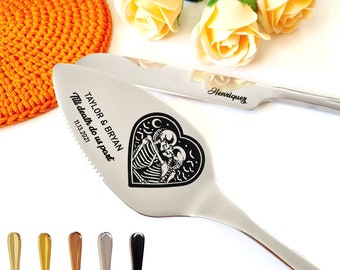 Goth Wedding Personalized Silver Cake Knife & Server Set Engraved Skeletons, Til Death