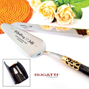 Silberhochzeits-Kuchenschneide-Set mit Gravur - Messer und Heber mit Gravur - Griff mit schwarzer Perle und goldenen Akzenten - Geschenk für Paare