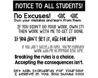 Black and White Classroom Rules Poster: Notice to all Students! [PRINTABLE] (B&W)