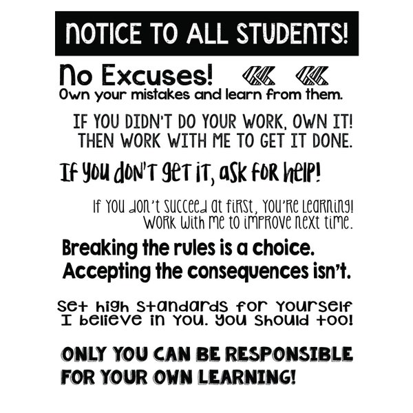 Black and White Classroom Rules Poster: Notice to all Students! [PRINTABLE] (B&W)