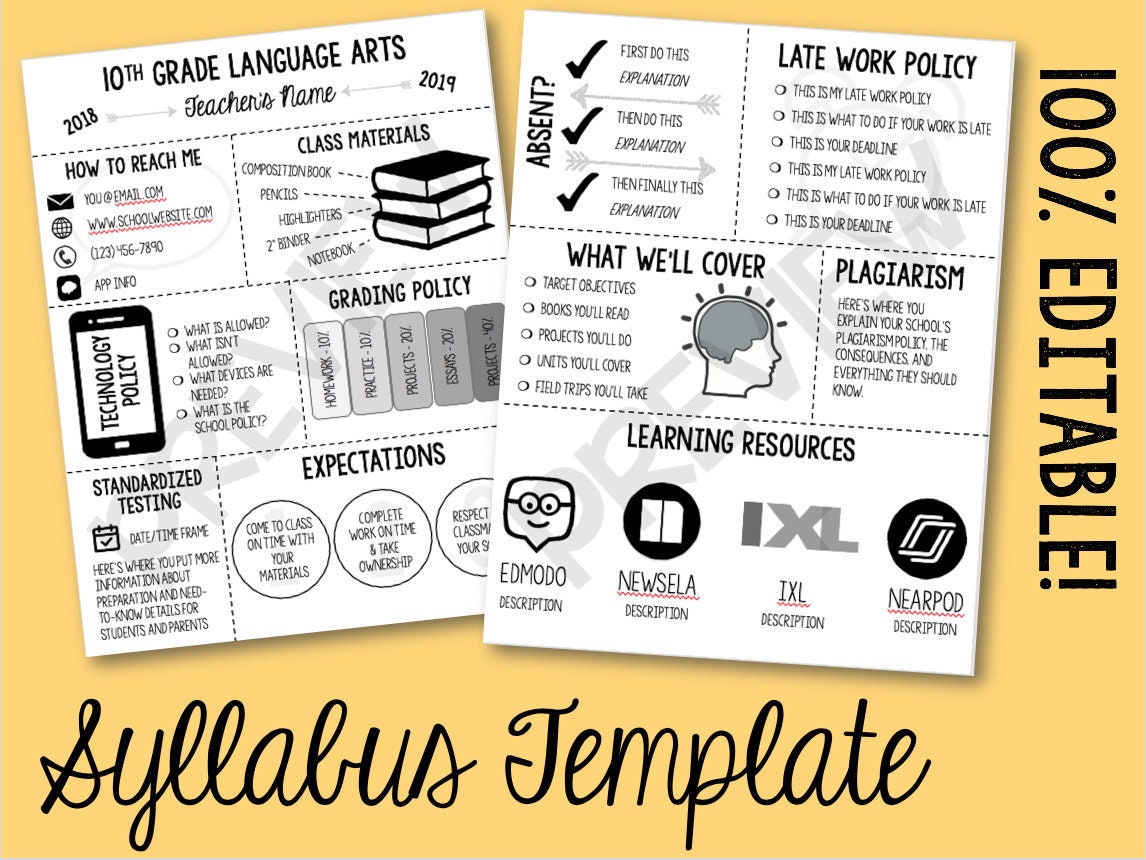 Editable Class Syllabus Template: Back to School Night, Class Information,  etc. Within Blank Syllabus Template