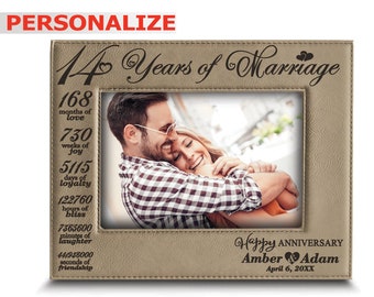 PERSONALIZE-14 Years Anniversary Picture Frame -Gift for 14th Anniversary-Anniversary Gift for Couple- Engraved Leather Picture Frame