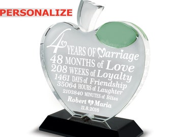 PERSONALIZED-4 years anniversary-Traditional Fruit gift for 4th Anniversary-Engraved Crystal Apple (Crystal Apple on Black Base)