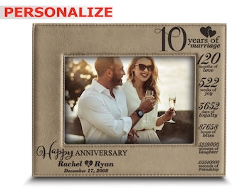 PERSONALIZED- 10 Years of marriage -Years, Months, Weeks-10th anniversary gifts- leather gifts-Engraved Leather Picture Frame