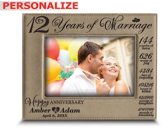PERSONALIZE-12 Years of Marriage- Happy 12th Anniversary-Wedding Anniversary Gift for Wife, Husband-Engraved Leather  Picture Frame
