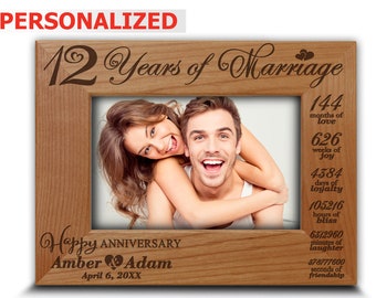 PERSONALIZE-12 Years of Marriage- Happy 12th Anniversary-Wedding Anniversary Gift for Wife, Husband-Engraved  Wood  Picture Frame