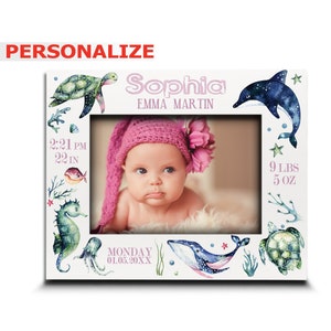PERSONALIZE-Baby Picture Frame-Birth Announcement-Baby Name frame-Sea Animals, Ocean fish, turtle, whale and coral Design-UV Print frame