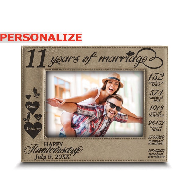 PERSONALIZE-11 Years of Marriage- Happy 11th Anniversary-Wedding Anniversary Gift for Wife, Husband-Engraved  Leatherette Picture Frame