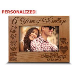 Personalized 6th Anniversary Wood Picture Frame: Engraved Alder Gift
