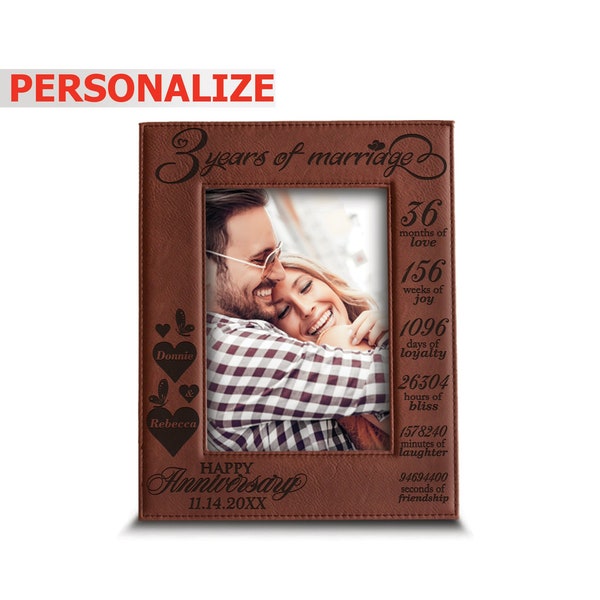 PERSONALIZE-Traditional 3rd Wedding Anniversary Gift for Couple, Husband and Wife-Engraved Rawhide Leather Picture Frame