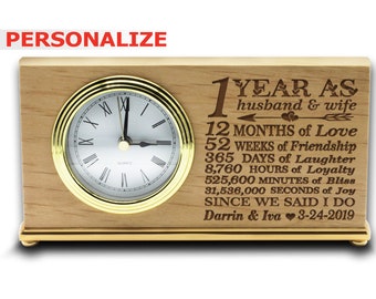 PERSONALIZE-1 Year as Husband and Wife-Modern Gift for 1st Anniversary - Engraved Red Alder Horizontal Desk Clock