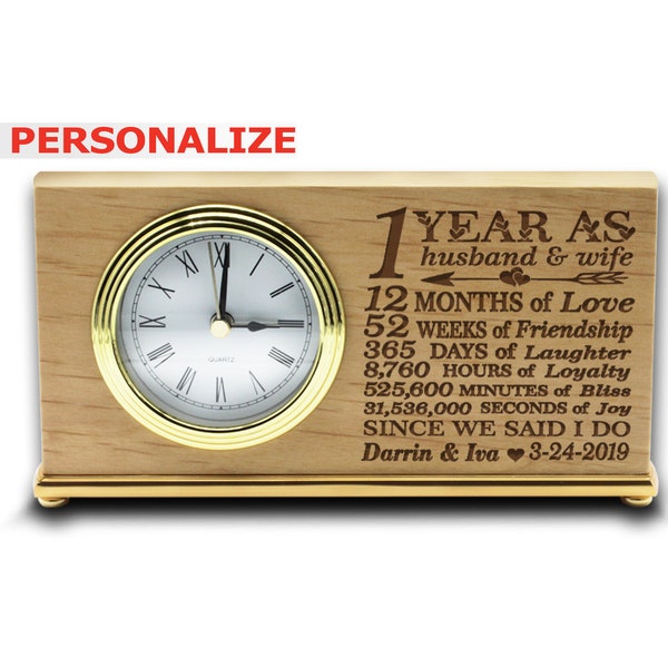 PERSONALIZE-1 Year as Husband and Wife-Modern Gift for 1st Anniversary - Engraved Red Alder Horizontal Desk Clock