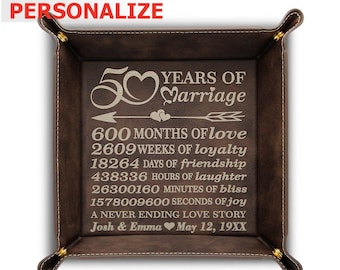 PERSONALIZE-50 years as husband and wife- 50 years Anniversary, Marriage gift -Engraved Leather Gold Color on Brown Leather