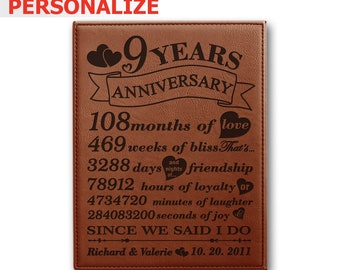 PERSONALIZE-9 Years of Marriage-9 Years Anniversary Leather Modern Gift for couple-Husband, Wife-Engraved Leather Plaque Keepsake