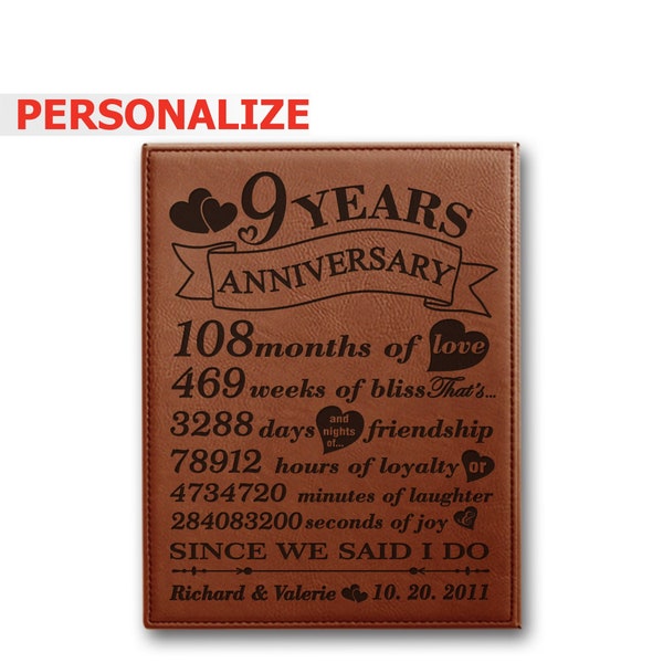 PERSONALIZE-9 Years of Marriage-9 Years Anniversary Leather Modern Gift for couple-Husband, Wife-Engraved Leather Plaque Keepsake