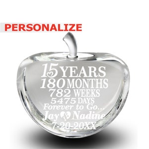 PERSONALIZED-Traditional 15 Years Anniversary Crystal Gift-15TH Anniversary gift- Engraved high quality REAL GLASS Paperweight Keepsake