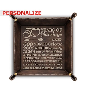 PERSONALIZE-50 years as husband and wife- 50 years Anniversary, Marriage gift -Engraved Leather Gold Color on Brown Leather