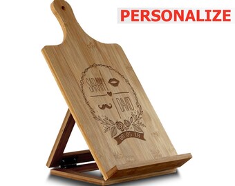 PERSONALIZED- kitchen book/Tablet/I pad holder stand for recipe books and cook books-Bamboo Standing Chef's Easel