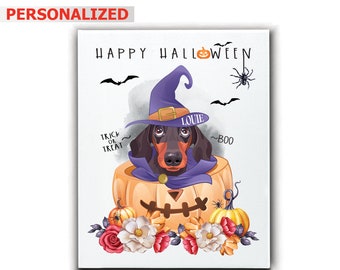 May include: A personalized Halloween card featuring a dachshund wearing a witch hat and sitting inside a jack-o'-lantern. The card says "Happy Halloween" and "Trick or Treat" with the dog's name "Louie" and "Boo" written on the card.