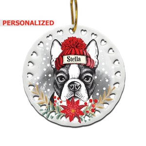 PERSONALIZED-Boston Terrier Ornament- Dog lover gifts-4&quot; Christmas Tree Ornament- Custom Dog Ornament -UV Print Gog Face With Christmas Hat
