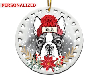 PERSONALIZED-Boston Terrier Ornament- Dog lover gifts-4" Christmas Tree Ornament- Custom Dog Ornament -UV Print Gog Face With Christmas Hat