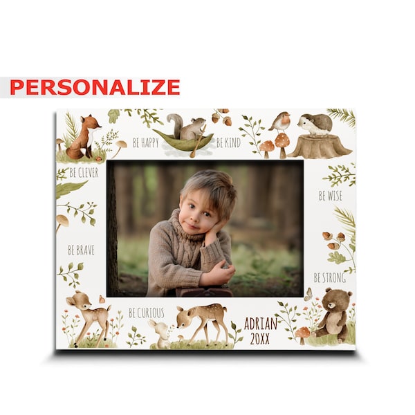 PERSONALIZE- Woodland Animal with Inspirational Quote Picture Frame-Safari Theme-Be Brave, Be Kind, Be Strong Be Wise, Be Clever, Be Curious